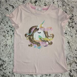 Young Hearts Pink Sequined Unicorn Tee Ribbed T-shirt Girls Sz 10